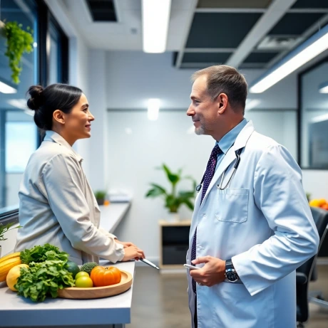 Clinician and patient discussing metabolic health in a clinical kitchen setting