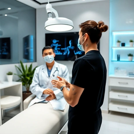 Clinician speaking with a patient about peptide therapy